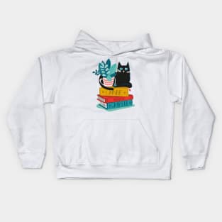 One more chapter // spot // aqua background black cat striped mug with plants red teal and yellow books with quote Kids Hoodie